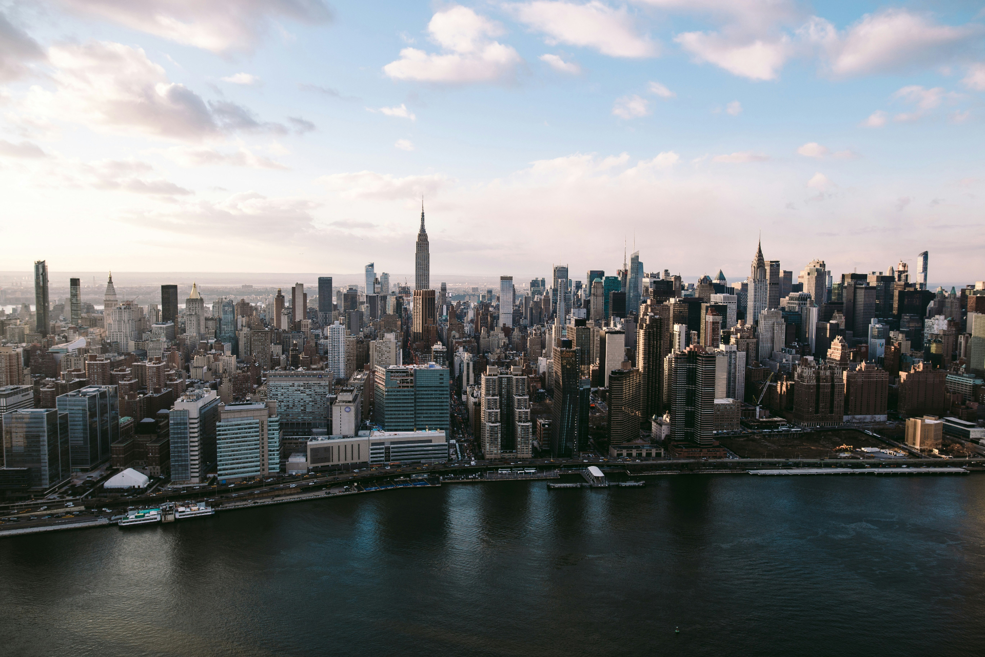 Aerial view of the Manhattan skyline at dusk